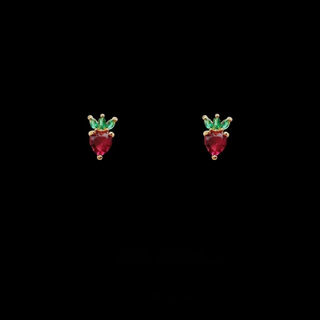 Mini Red Strawberry Zircon 14K Plated Copper Stud Earrings For Women Simple Fruit Jewelry