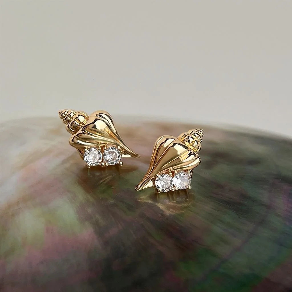 14K Plated Copper Conch Shell Stud Earrings Micro Pave Zircon Ocean Summer Jewelry
