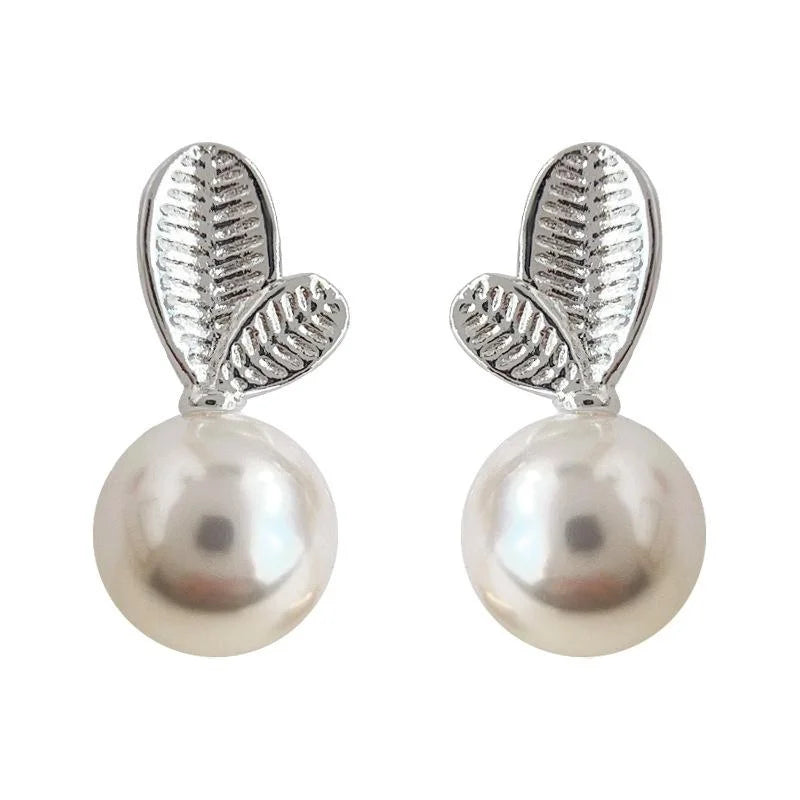 Minimalist Copper Leaf Pearl Drop Earrings For Women Cute Creative Commuter Jewelry