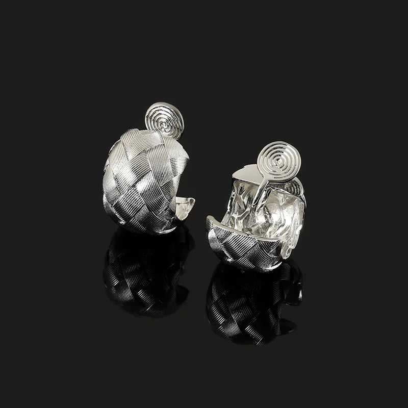 Elegant Silver Alloy Braided Woven Texture C Hoop Stud & Clip On No Piercing Statement Earrings