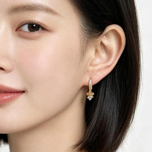 14K Gold Plated Copper Zircon Bow Drop Earrings Elegant Minimalist Versatile Jewelry