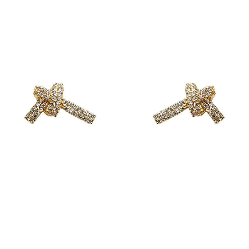 High-End Copper Micro Pave Zircon Bow Knot Stud Earrings For Women Electroplated Line Design