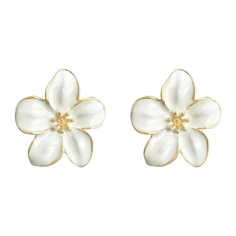 Summer Elegant Oversized White Enamel Flower Drop Earrings Sweet Forest Style Eco Copper Jewelry