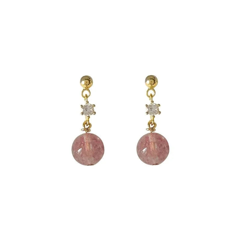Mini Round Strawberry Quartz 14K Plated Handmade Stud Earrings