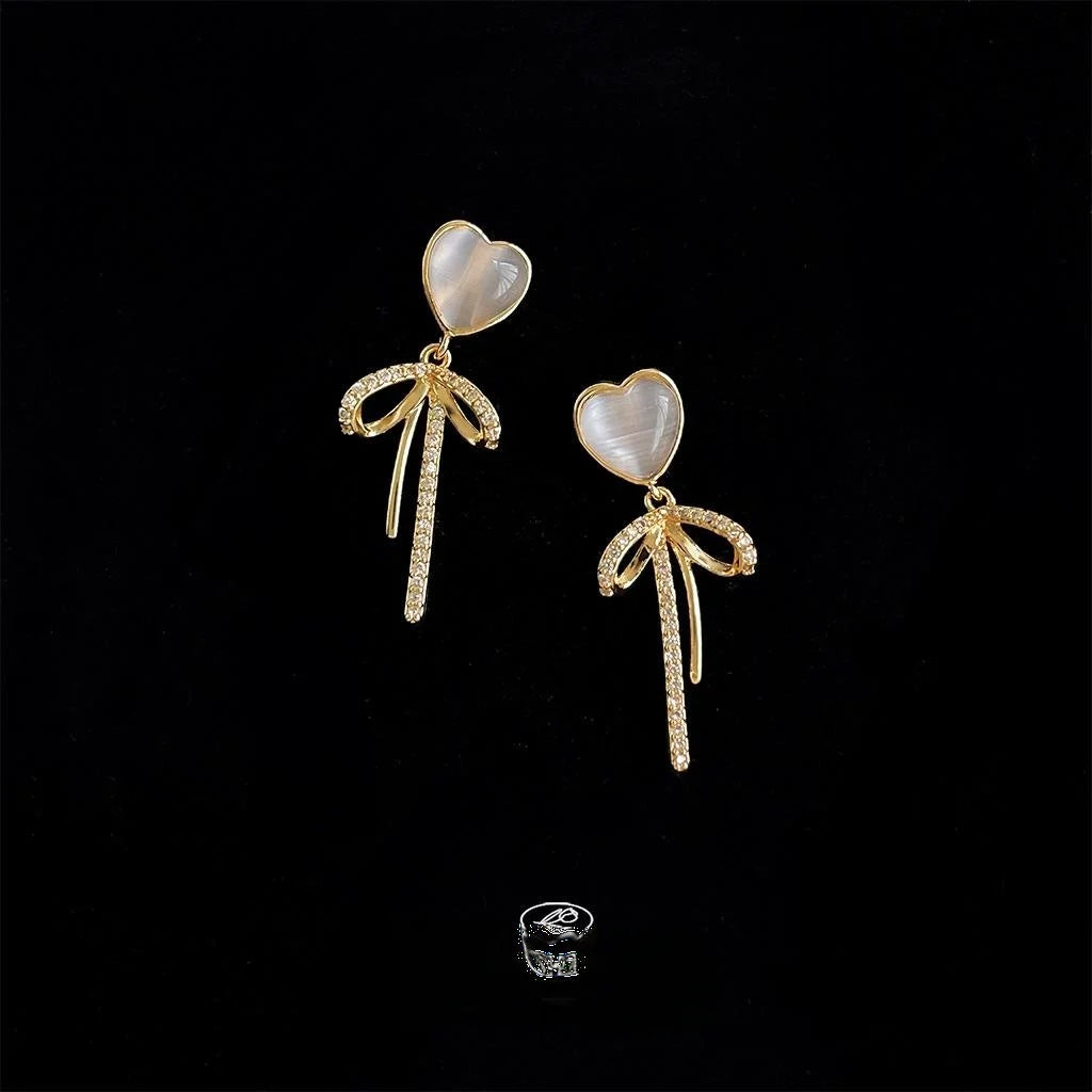 14K Plated Copper Bow Heart Drop Earrings With Glass Cat Eye Stone And Micro Pave Zircon For Women