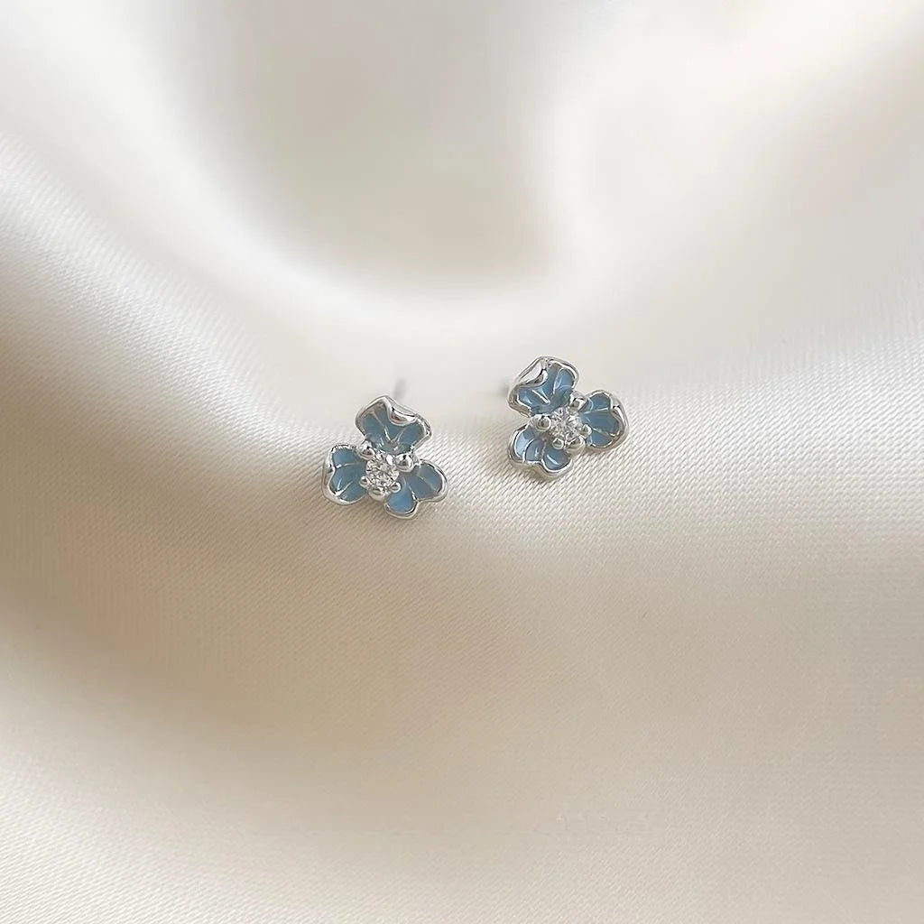 Petite Blue Iris Flower Stud Earrings Copper Zircon Enamel Chic Jewelry