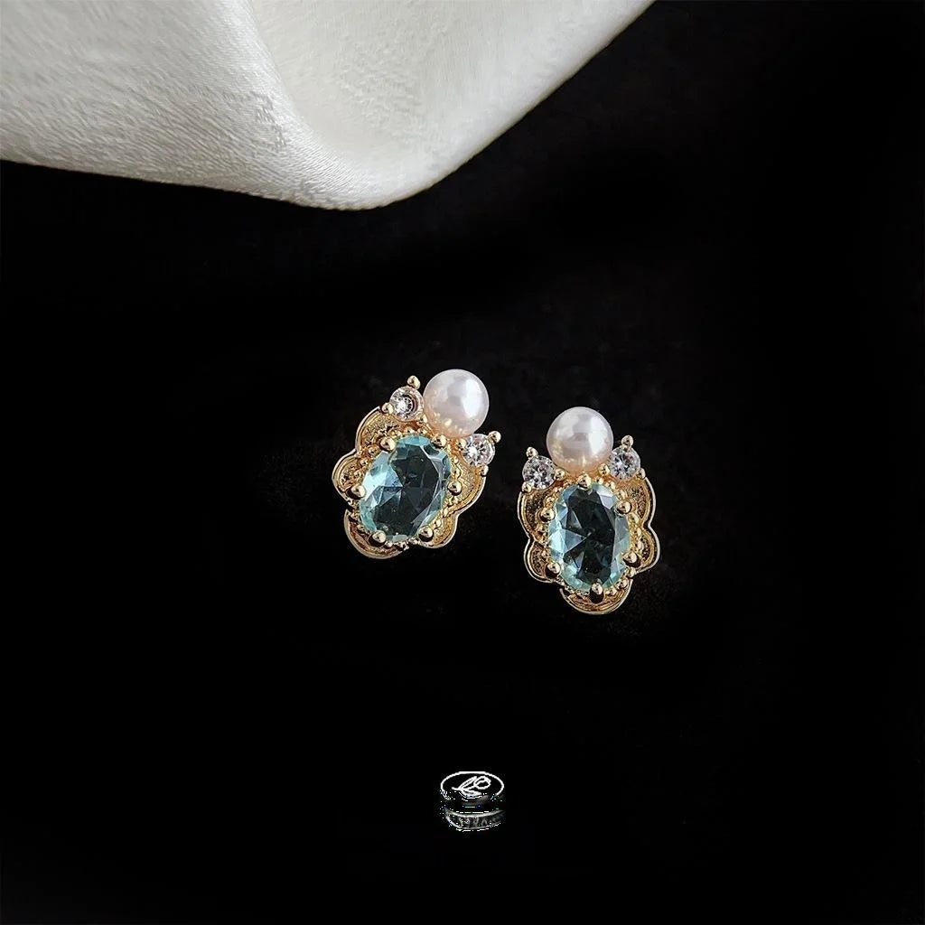 14K Gold Plated Copper Aquamarine Pearl Zircon Irregular French Vintage Stud Earrings