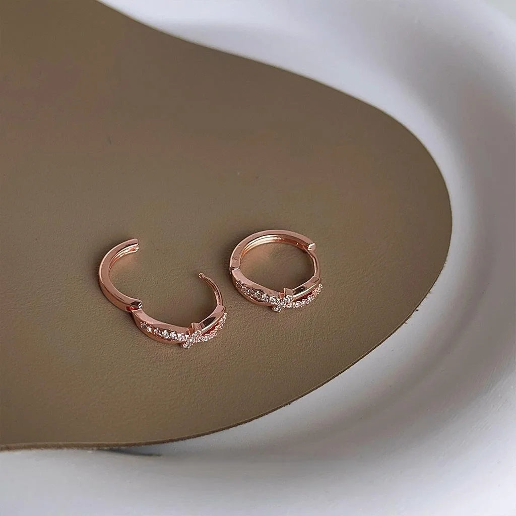 Rose Gold Plated Copper Knot Drop Earrings With Micro Pave Zircon, Geometric Round Minimalist Jewelry