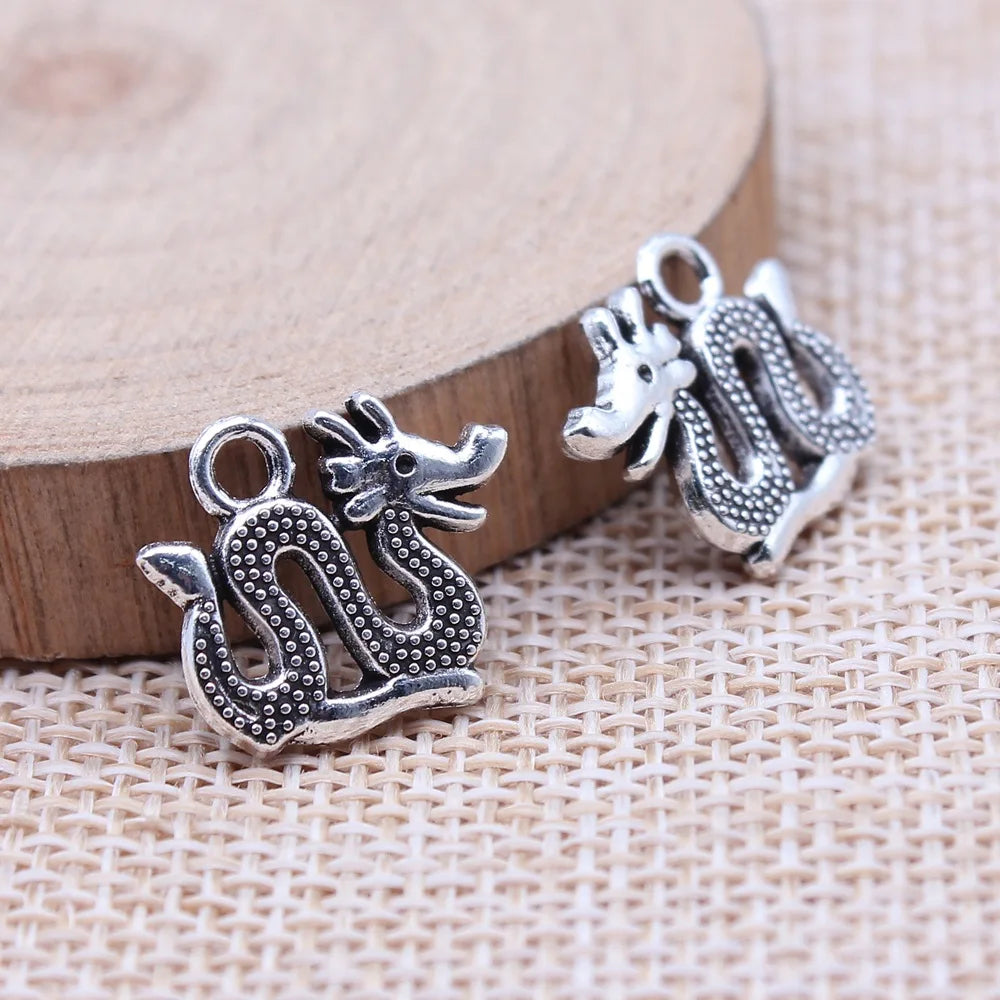14x17mm 1.5g Antique Silver Zinc Alloy Double Sided Chinese Dragon Charm Pendant for DIY Jewelry Making