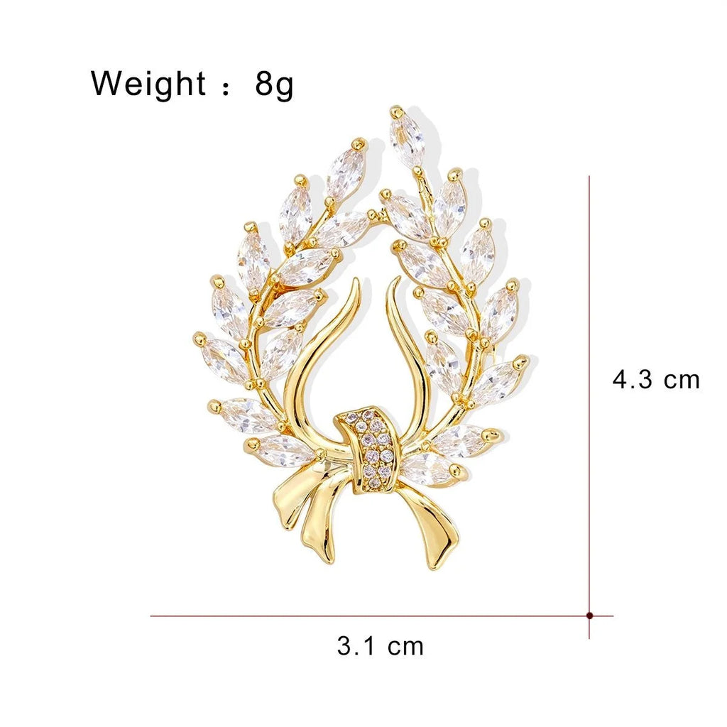 Luxury Gold Wheat Sheaf Zircon Brooch, Elegant Harvest Leaf Lapel Pin Corsage For Coat Suit Gift