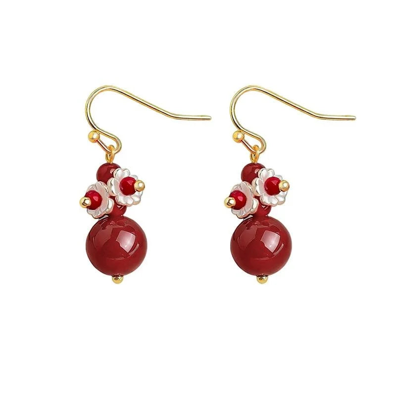Handmade Red Agate Glass Crystal Resin Floral Geometric New Chinese Palace Style Drop Earrings