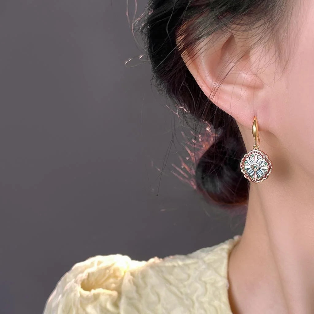 14K Gold Plated Copper Floral Geometric Drop Earrings Vintage Light Luxury Jewelry