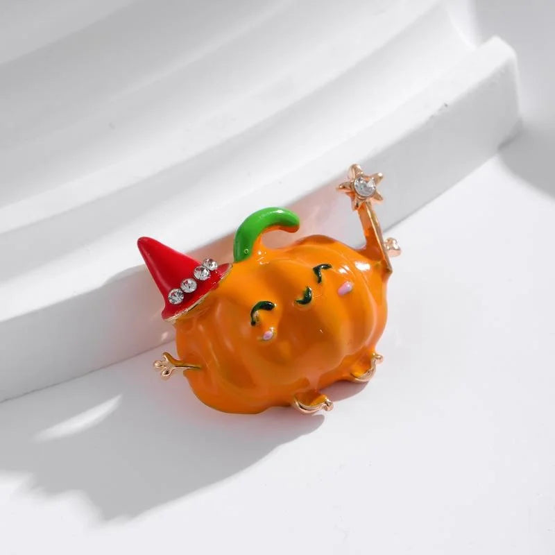 Cute Enamel Pumpkin Witch Brooch With Rhinestone Hat And Magic Wand, Luxury Halloween Lapel Pin Gift
