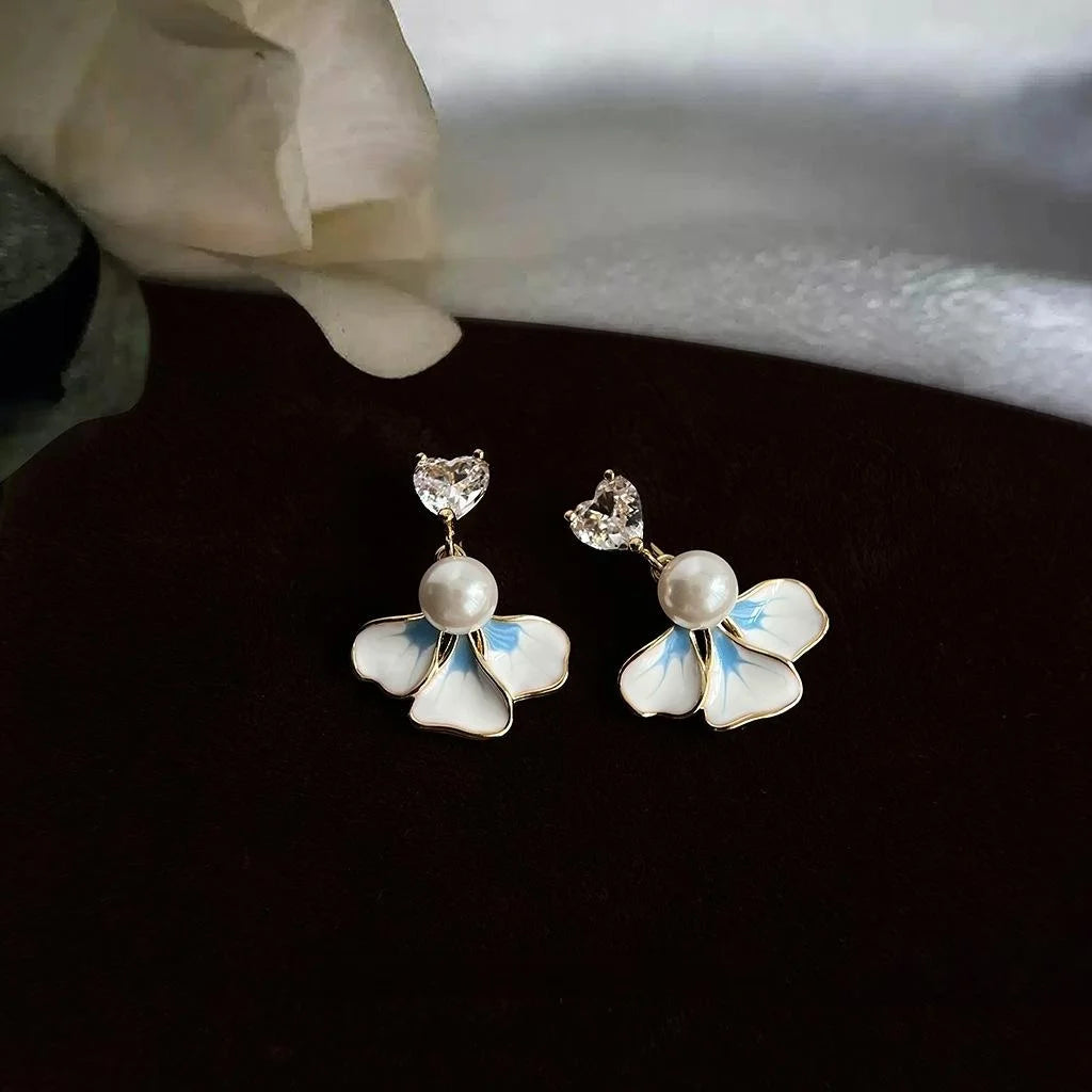 14K Plated Iris Flower Drop Earrings With Micro Pave Zircon And Glass Pearl Sweet Floral Jewelry