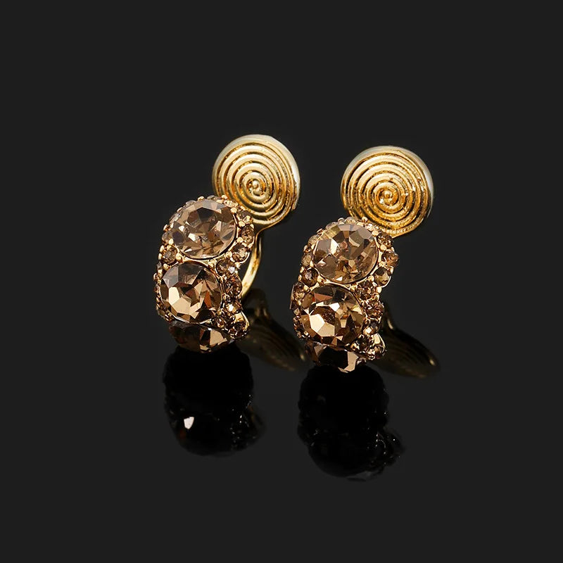 Luxury Coffee Brown Rhinestone C-Shaped Hoop Stud & Clip On No Piercing Elegant Crystal Earrings