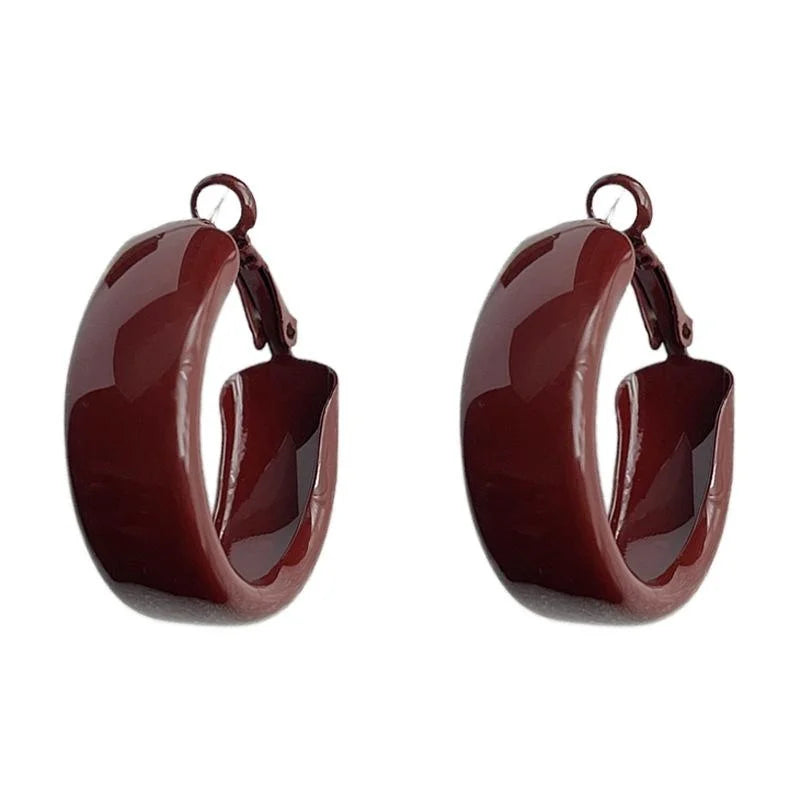 Red Enamel Metal Large Hoop Drop Earrings Geometric Round Retro Hong Kong Style Jewelry