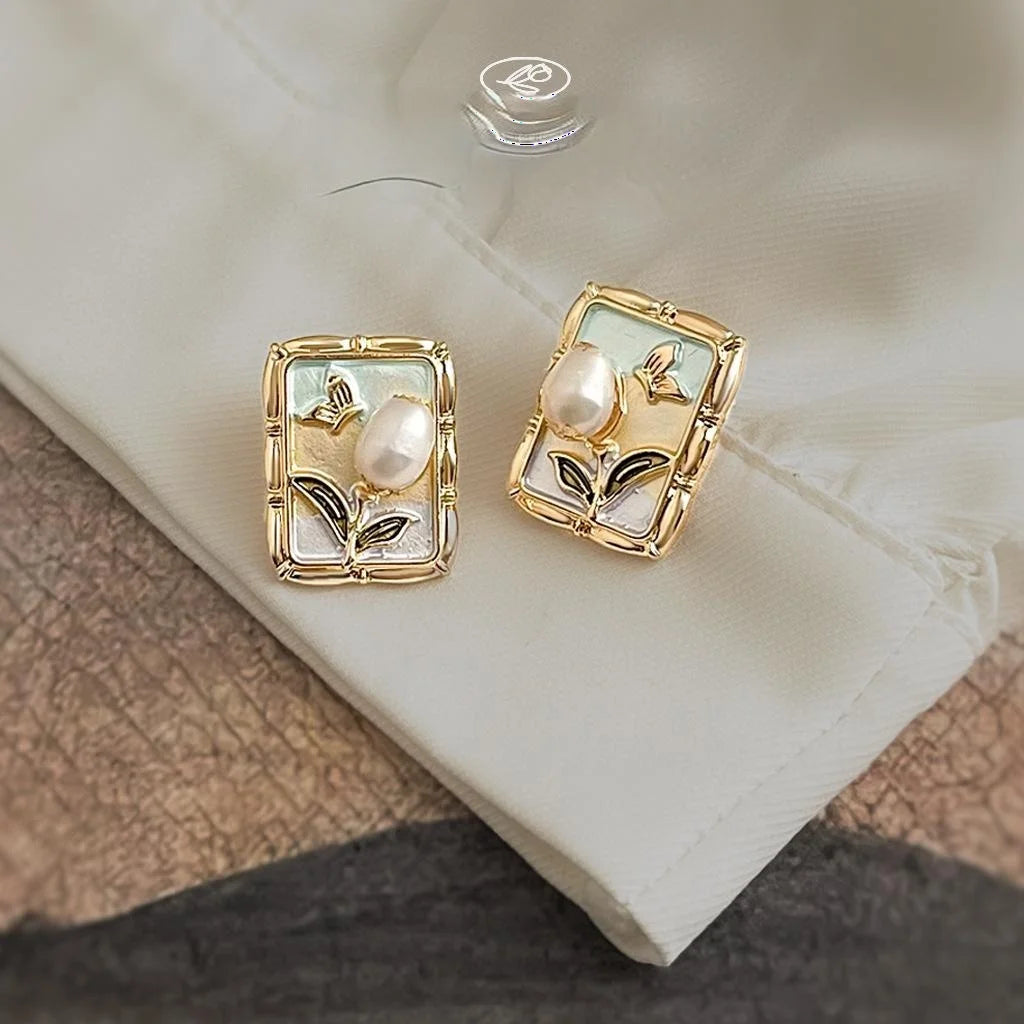 Oil Painting Style Freshwater Pearl Enamel Hand Painted Geometric Flower Stud Earrings
