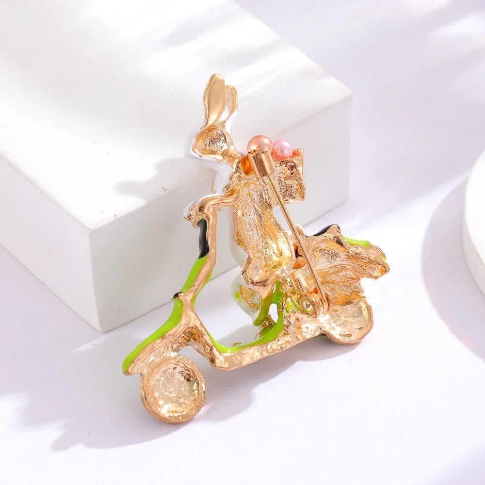 Cute Enamel Rabbit Riding Green Scooter Brooch With Rhinestone Basket, Animal Lapel Pin Gift