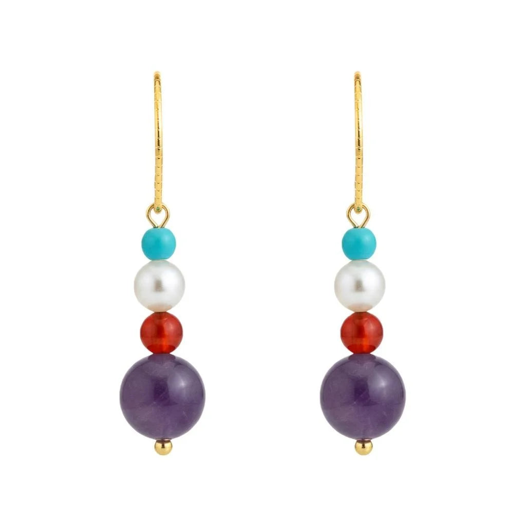 Handmade New Chinese Style Geometric Round Red Agate Amethyst Glass Pearl Turquoise Drop Earrings