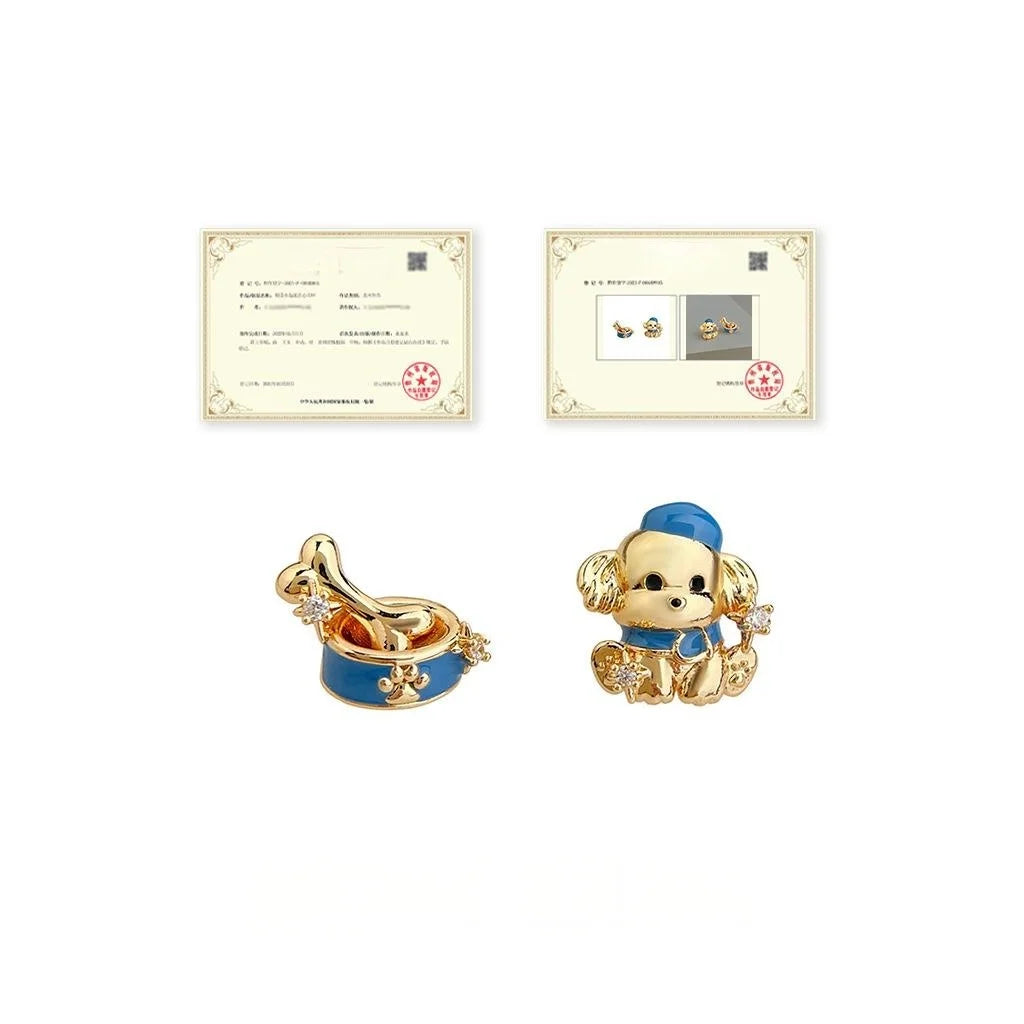 Original Designer Enamel Painted Dog And Bone Micro Pave Zircon Copper Stud Earrings
