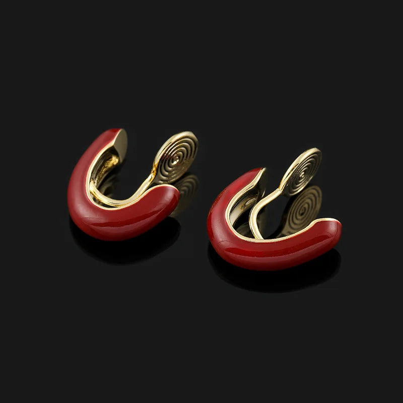 Elegant Red Enamel U Shape Spiral Disc Alloy Stud & Clip On No Piercing Commuter Earrings