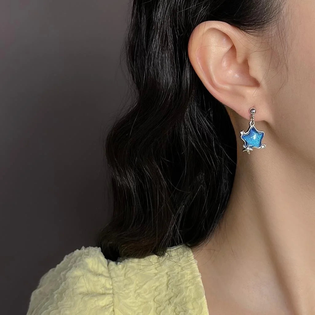 Fresh Sweet Blue Star Drop Earrings Copper Silver Plated Pin Niche Designer Jewelry For Women