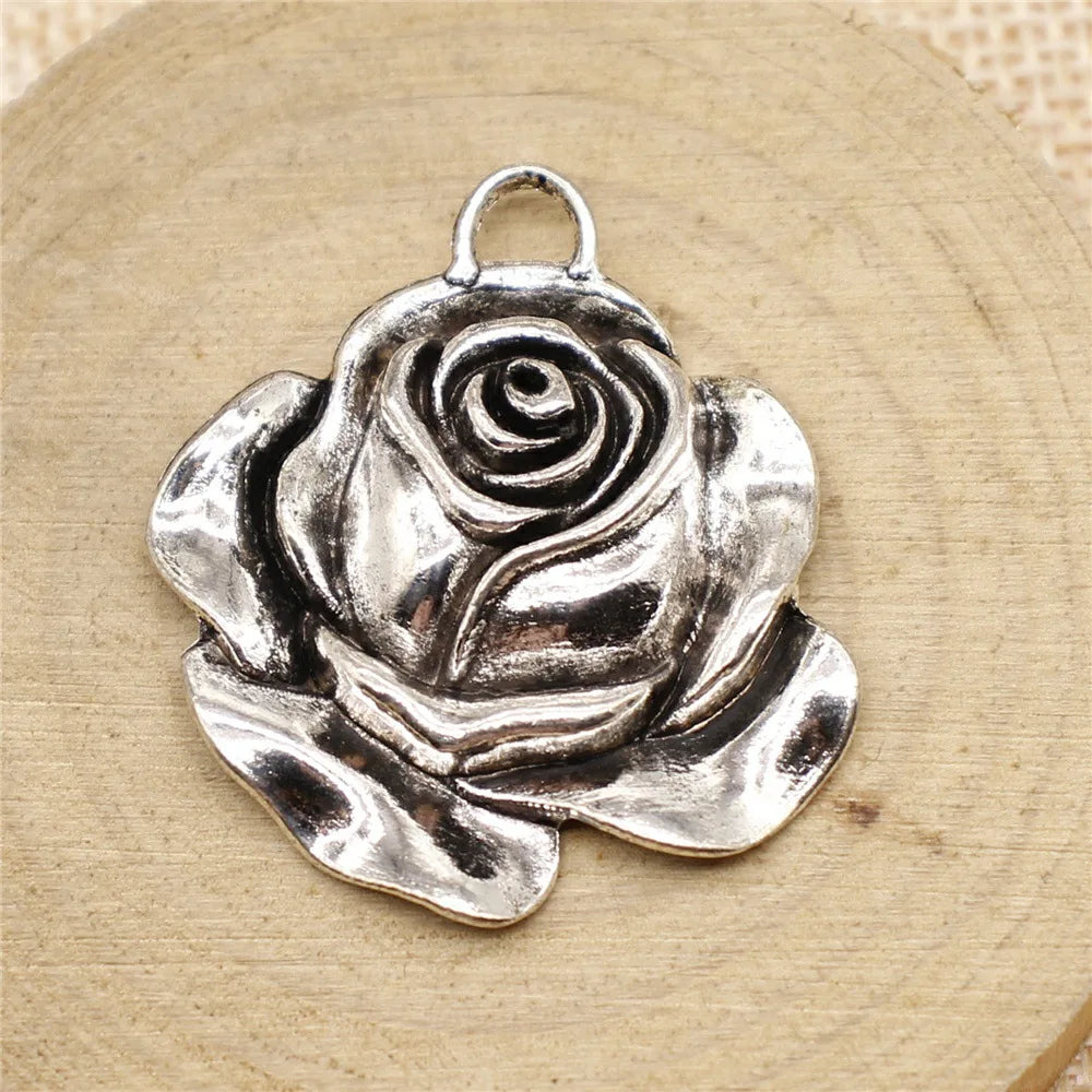 36x33mm 5.1g Antique Silver Zinc Alloy Rose Flower Charm Pendant for DIY Vintage Jewelry Making