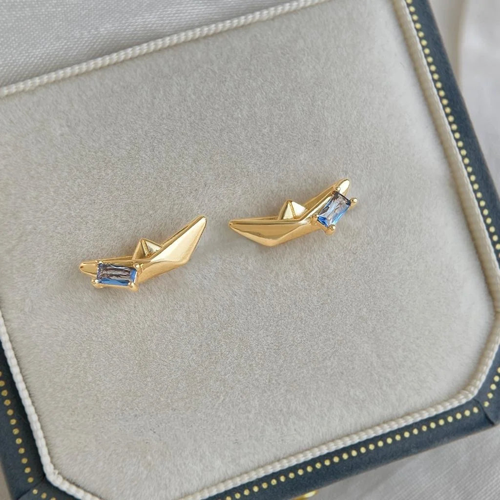 Geometric Boat Stud Earrings With Aquamarine Zircon, Copper Silver Plated High End Creative Jewelry