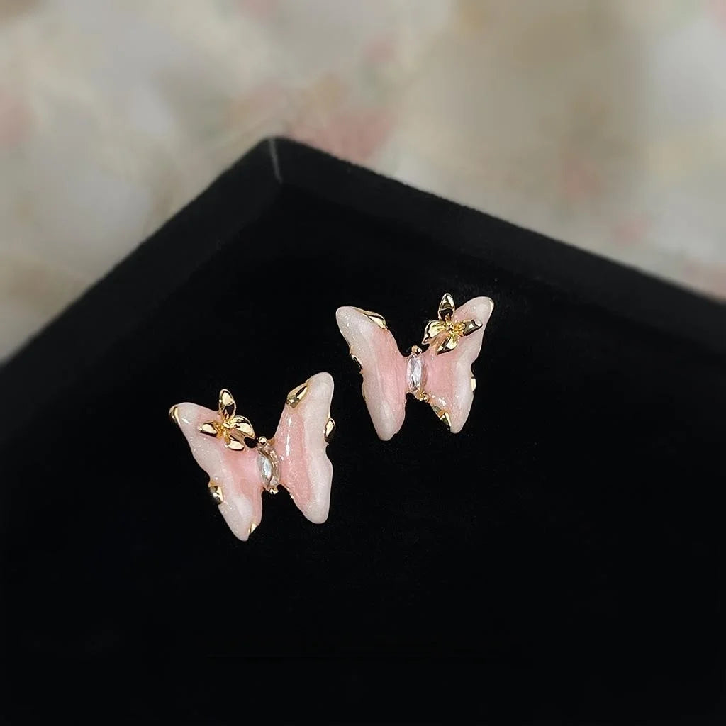 Sweet Pink Gradient Enamel Butterfly Drop Earrings Copper Elegant Original Design