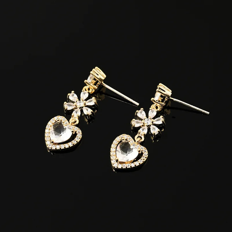 Luxury Zircon Snowflake Heart Drop Stud & Clip On No Piercing Gold Alloy Rhinestone Dangle Earrings