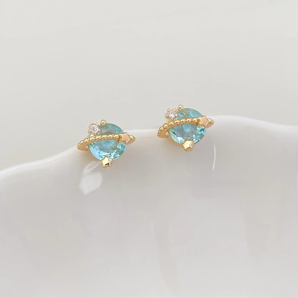 Chic Eco Copper Aquamarine Zircon Saturn Planet Round Stud Earrings For Women