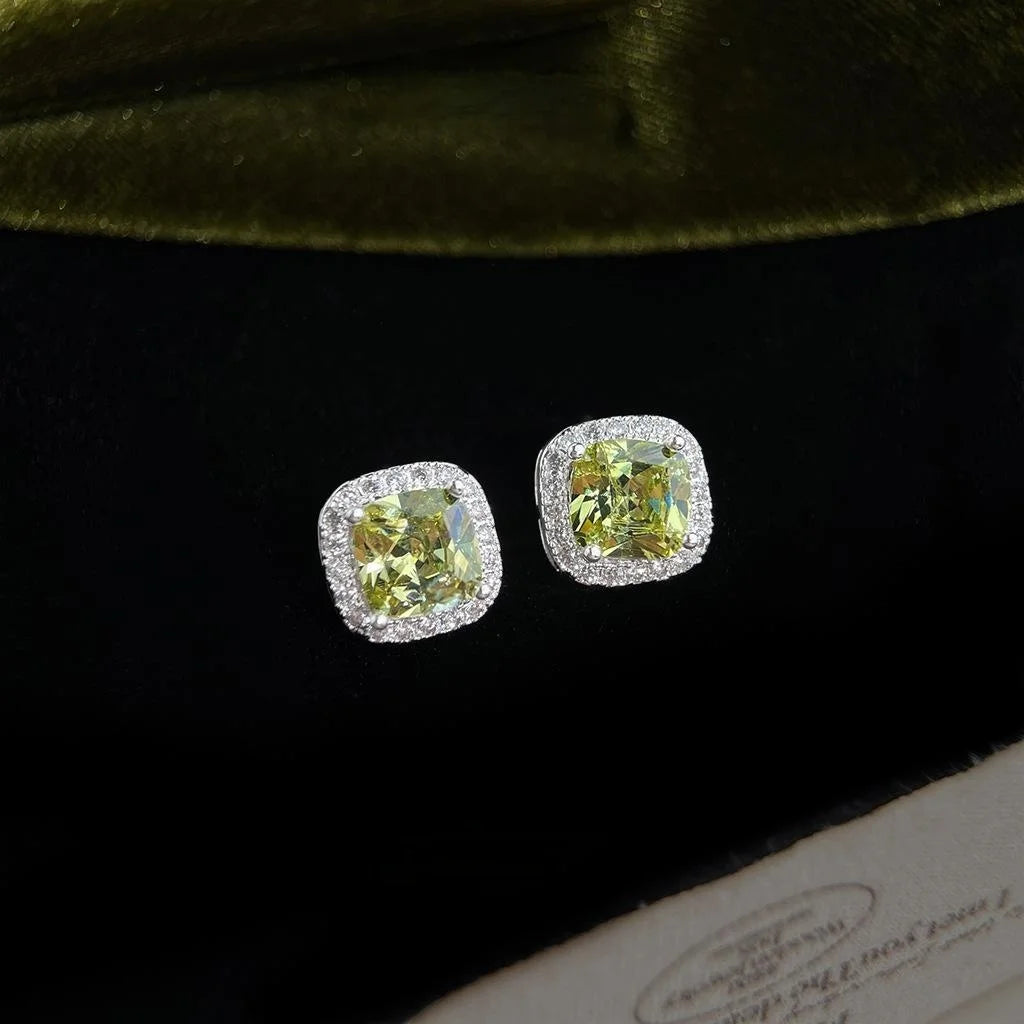 Olive Green Square Sugar Cube Zircon Stud Earrings Eco-Friendly Copper Elegant Minimalist Jewelry