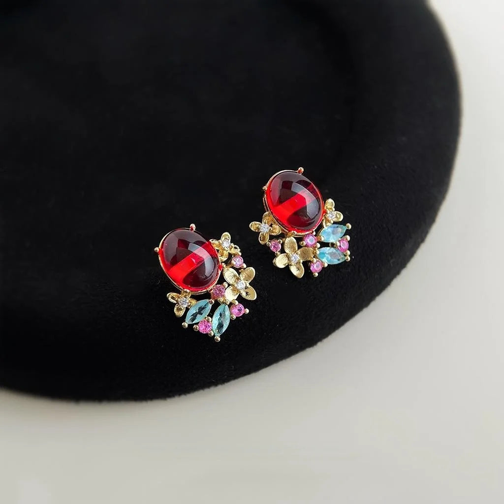 Vintage Ethnic Burgundy Geometric Stud Earrings Copper Zircon Glaze Floral Leaf Jewelry