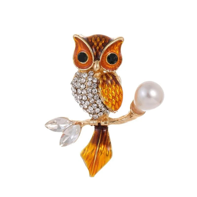 Cute Enamel Owl Brooch With Rhinestone And Faux Pearl, Alloy Lapel Pin Corsage For Suit Sweater Gift