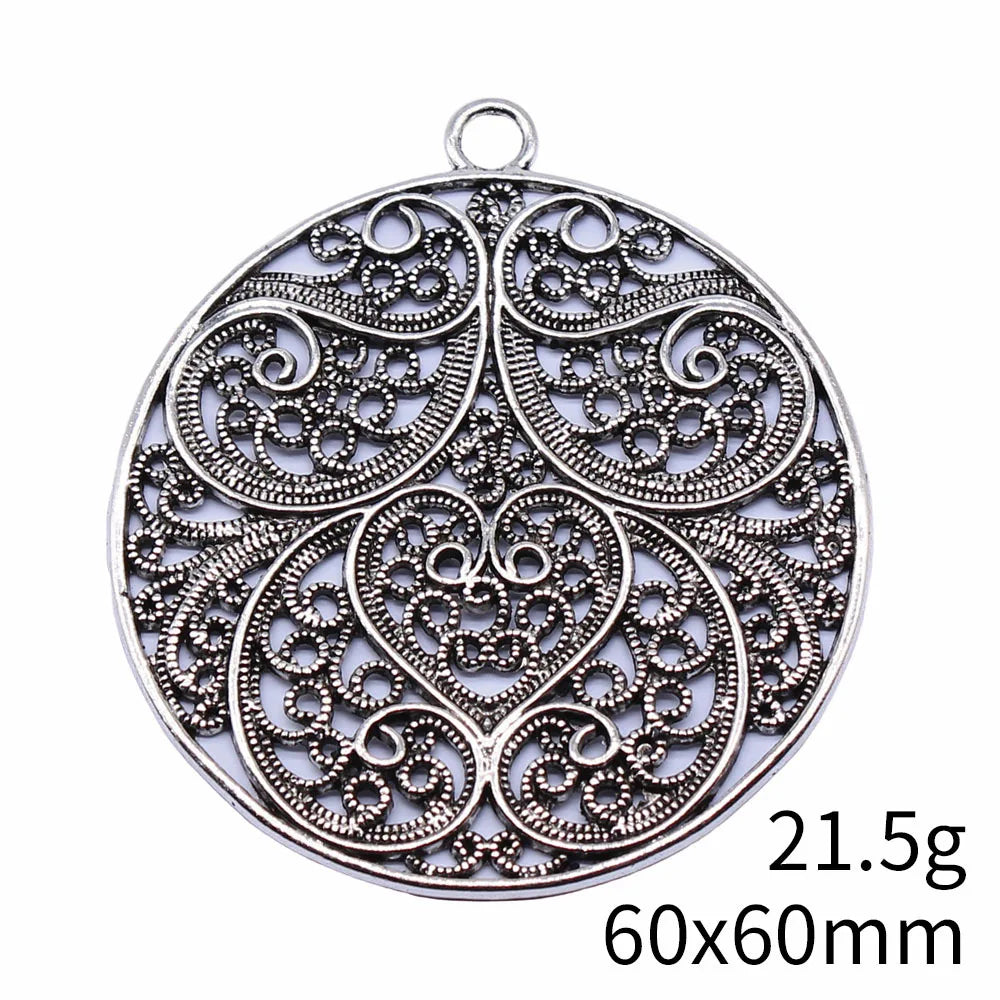 60x60mm 21.5g Antique Silver Zinc Alloy Round Openwork Flower Hollow Charm Pendant for Necklace Bracelet Making