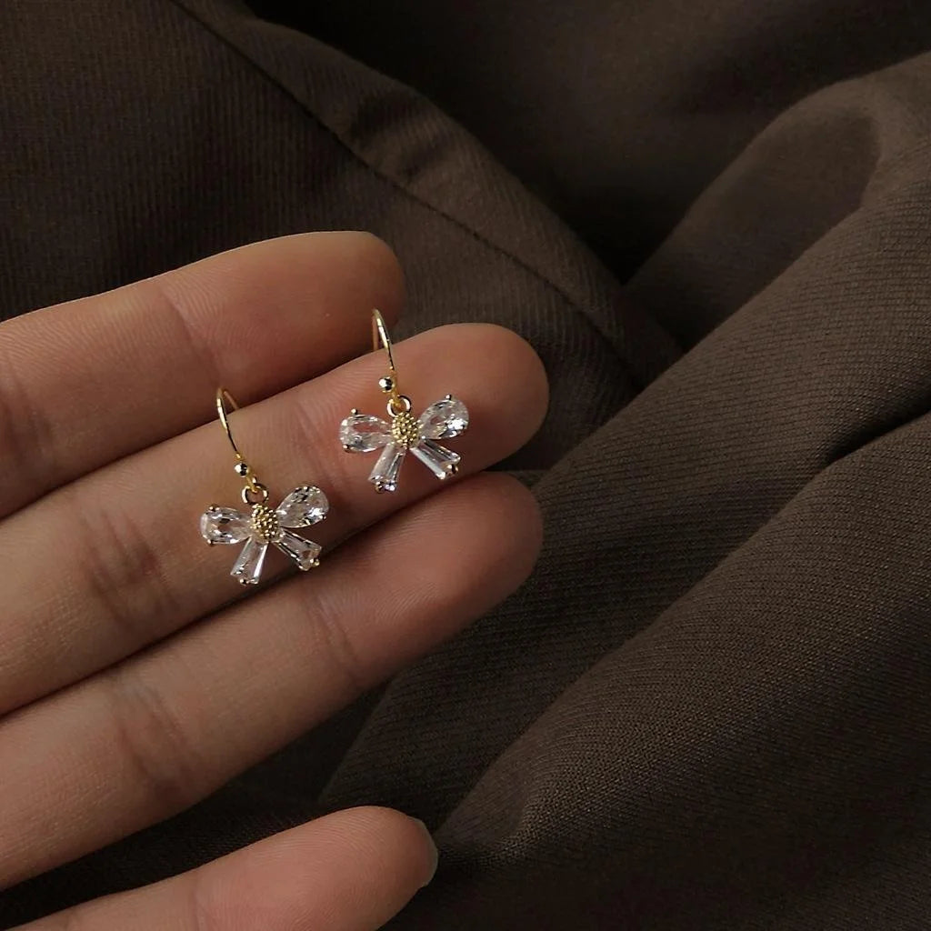 14K Gold Plated Zircon Bow Drop Earrings Mini Korean Style Creative Jewelry