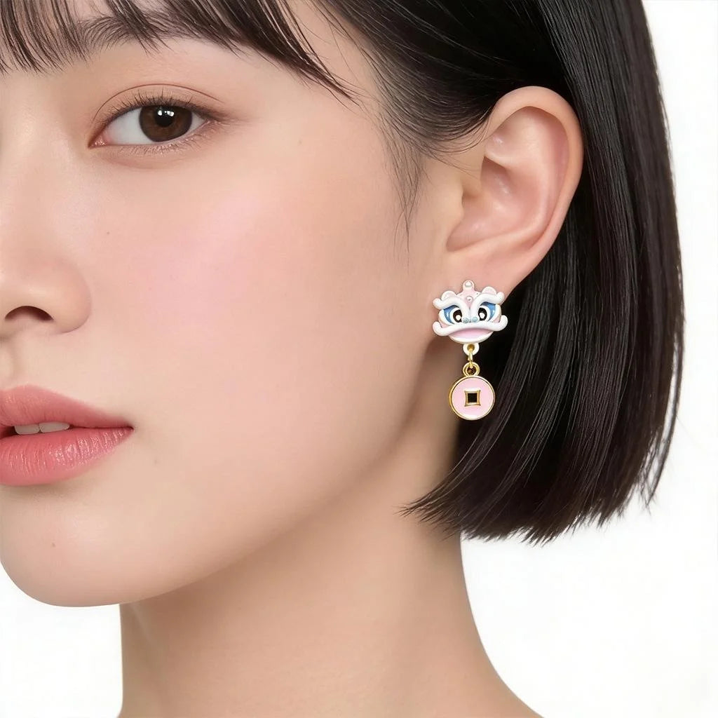 Pink Enamel Lion Dance Drop Earrings, Copper Sweet Girl Animal Jewelry