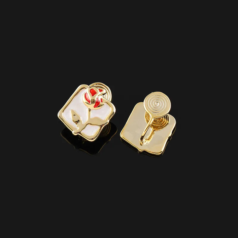 Elegant Enamel Red Rose Square Alloy Flower Stud & Clip On No Piercing Women's Fashion Earrings