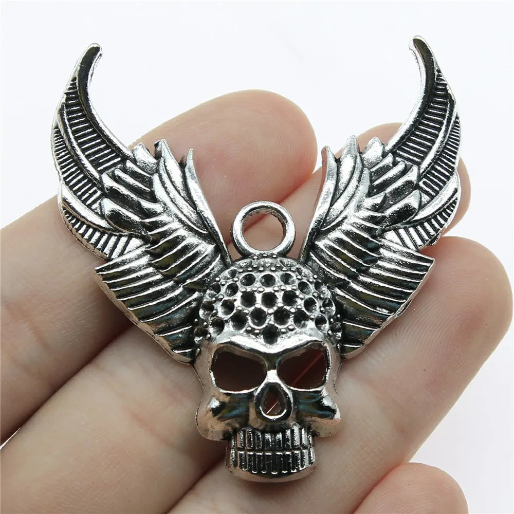 34x50mm 12.5g Antique Silver Zinc Alloy Winged Skull Wing Charm Pendant for DIY Jewelry Making and Accessories