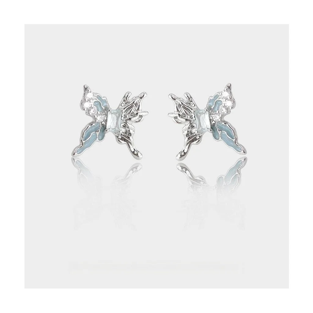 Original Design Blue Zircon Butterfly Liquid Copper Stud Earrings Sweet Cool Irregular Style
