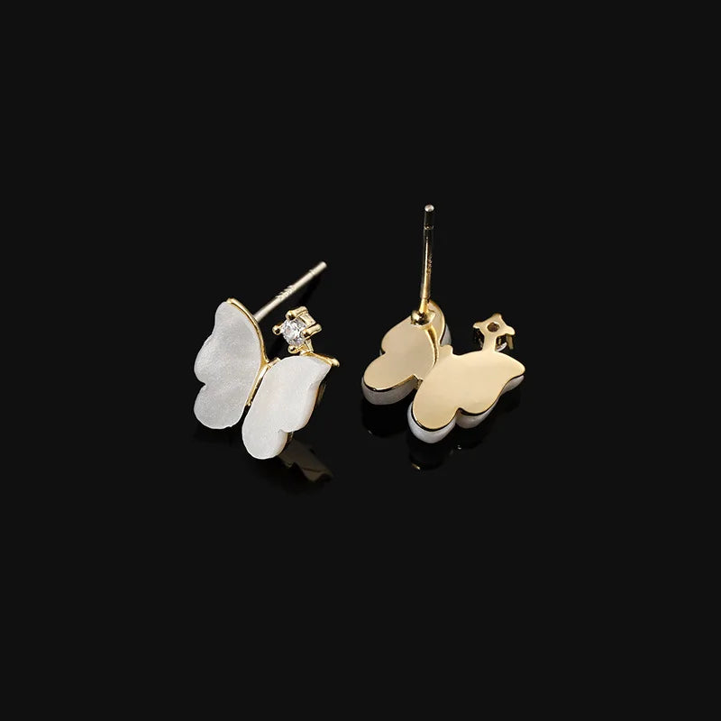 Elegant White Butterfly Zircon Gold Alloy Spiral Stud & Clip On No Piercing Fairy Forest Earrings