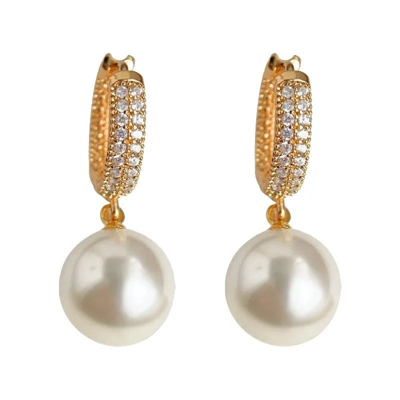 14K Gold Plated Copper Glass Pearl Stud Earrings With Micro Pave Zircon Geometric Hoop Design