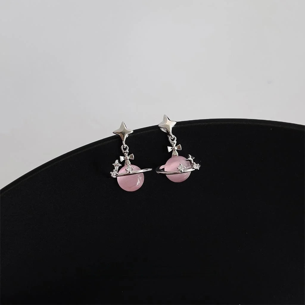 Sweet Cool Pink Glass Cat Eye Stone Star Planet Stud Earrings Copper Micro Pave Zircon Silver Plated