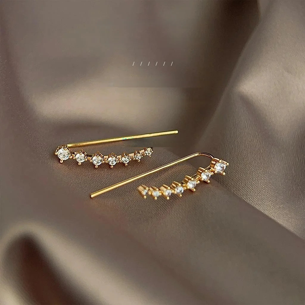14K Gold Plated Copper Wave Line Zircon Drop Earrings Minimalist Geometric Elegant Jewelry