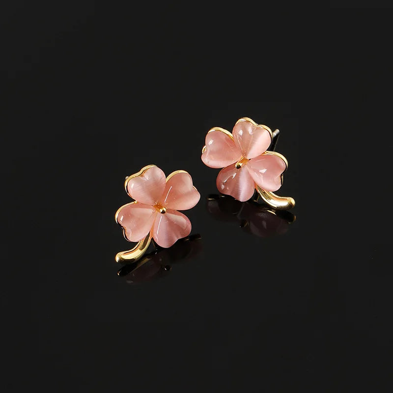 Elegant Pink Cat Eye Clover Alloy Stud & Clip On No Piercing Lucky Four Leaf Flower Earrings