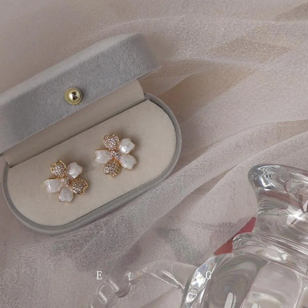 Sweet White Lily Flower Stud Earrings Copper Micro Pave Zircon Enamel Small Floral Jewelry