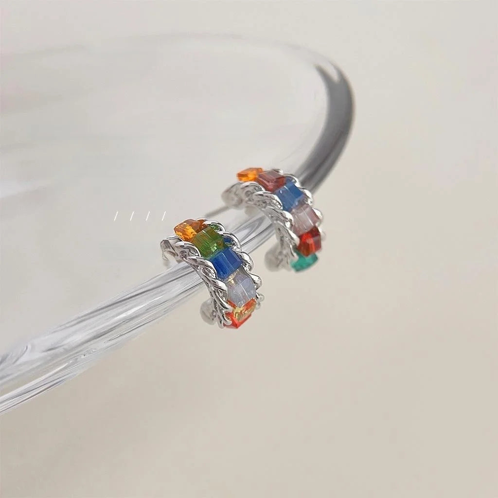 Sweet Cool Candy Color Glass Crystal C-Shaped Hoop Earrings For Women