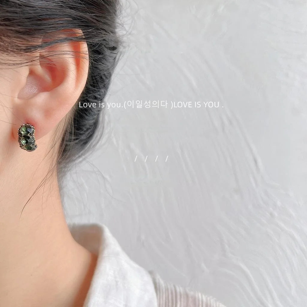 Antique Gold Plated Copper Geometric Ring Stud Earrings With Olive Green Crystal Accents