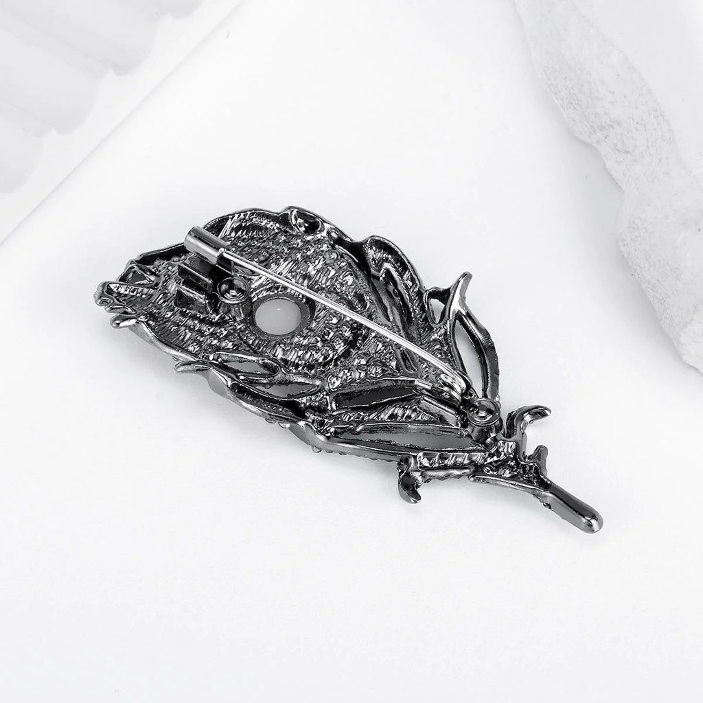 Vintage Peacock Feather Eye Brooch With Pearl And Green Rhinestones, Luxury Lapel Pin Suit Accessory