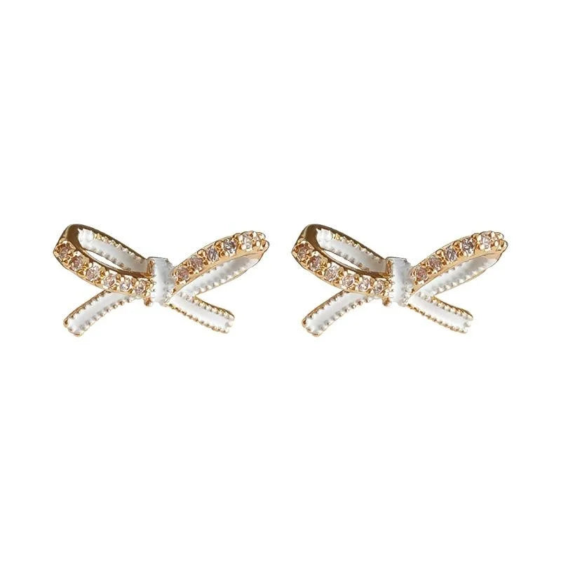 Sweet Micro Pave Zircon Enamel Bow Stud Earrings Eco-Friendly Copper Ribbon Knot Jewelry